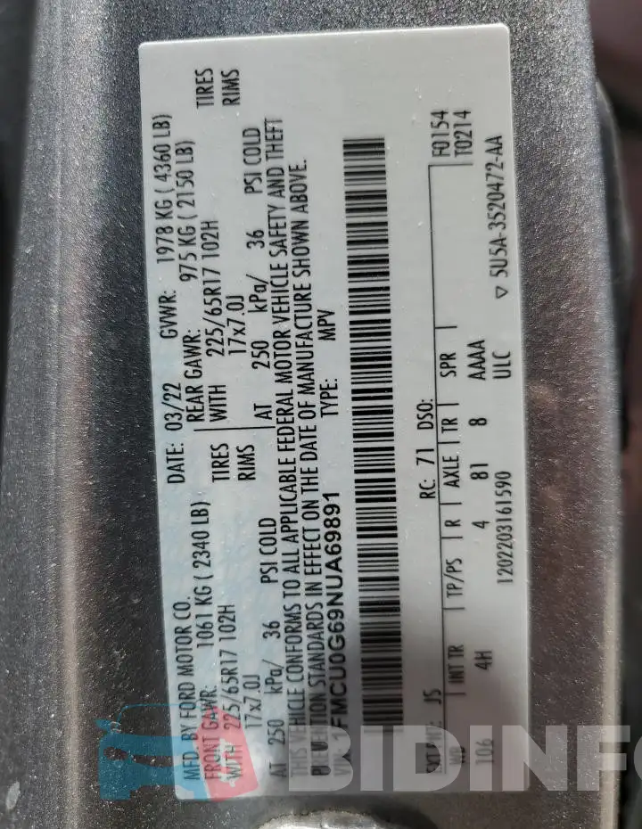 1FMCU0G69NUA69891 Photo# 13