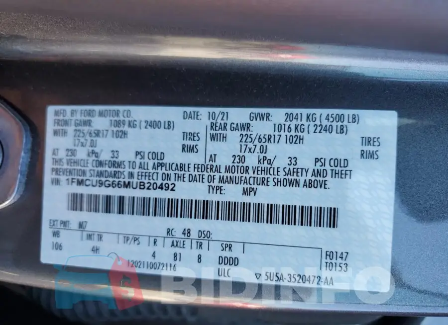 1FMCU9G66MUB20492 Photo# 13