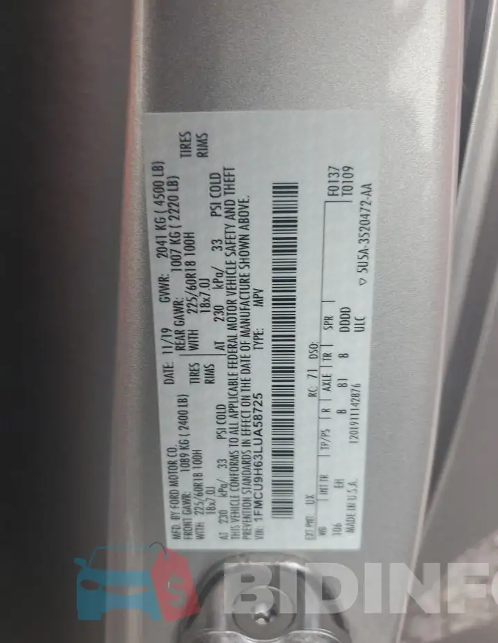 1FMCU9H63LUA58725 Photo# 12