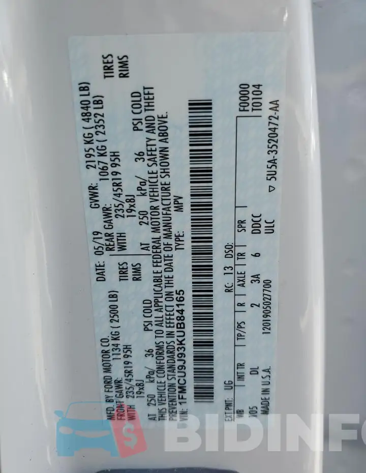 1FMCU9J93KUB84165 Photo# 12