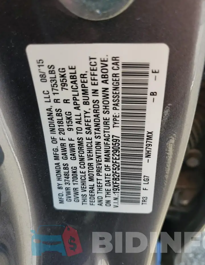 19XFB2F52FE290597 Photo# 12