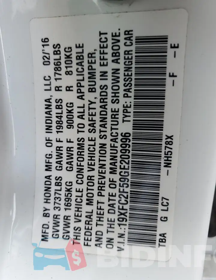 19XFC2F59GE209996 Photo# 12