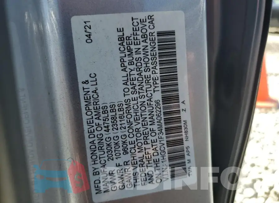 1HGCV1F34MA062296 Photo# 12