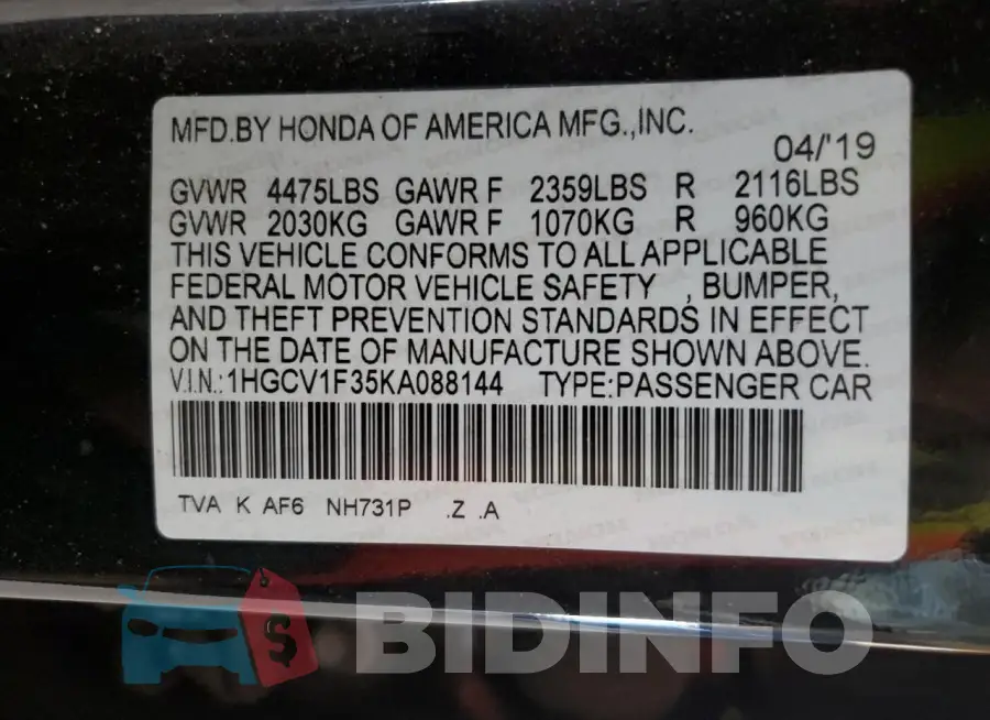 1HGCV1F35KA088144 Photo# 12