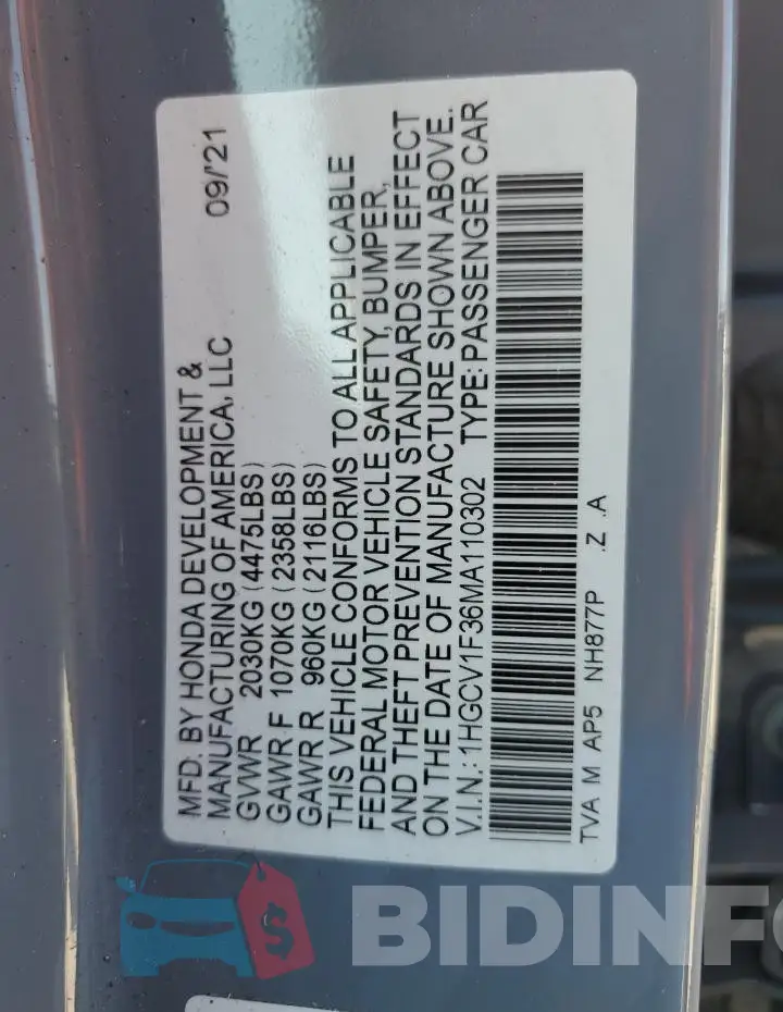 1HGCV1F36MA110302 Photo# 12