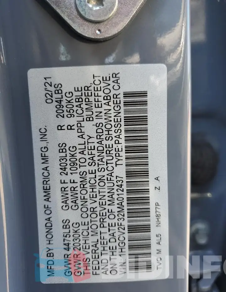1HGCV2F32MA012437 Photo# 13