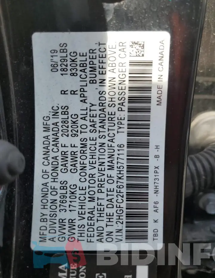 2HGFC2F67KH577116 Photo# 12