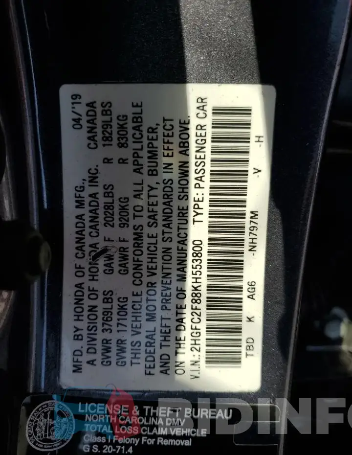 2HGFC2F88KH553800 Photo# 12