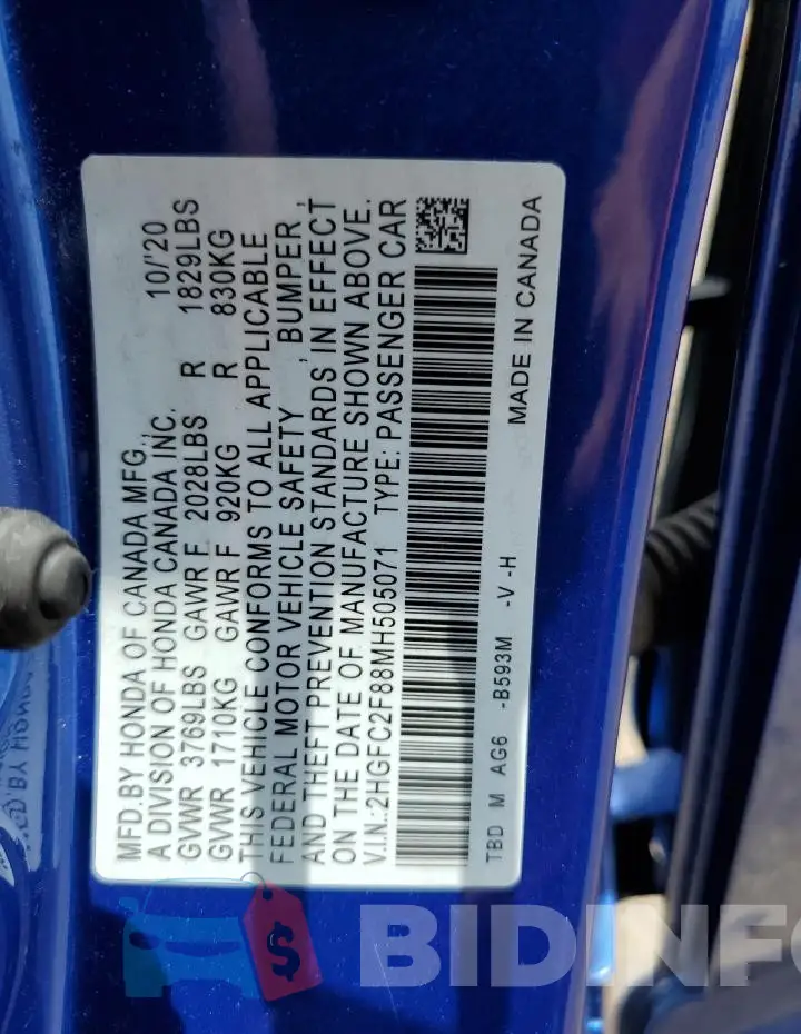 2HGFC2F88MH505071 Photo# 12