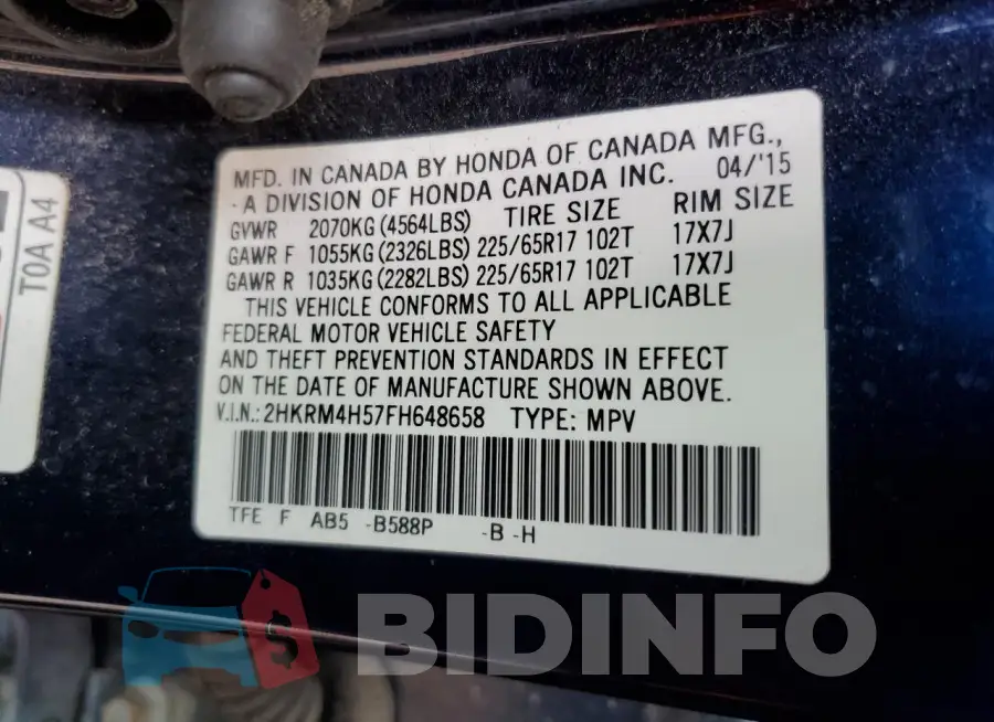 2HKRM4H57FH648658 Photo# 12
