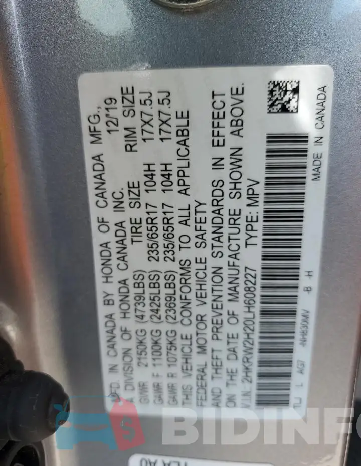 2HKRW2H20LH608227 Photo# 13
