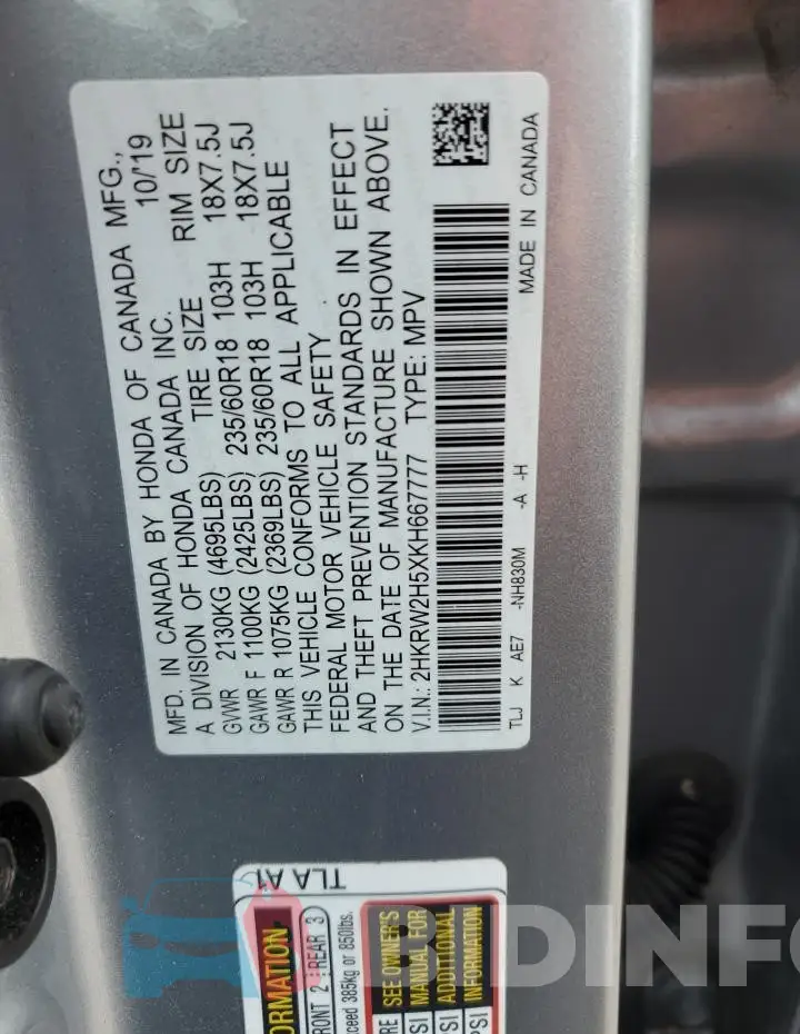 2HKRW2H5XKH667777 Photo# 14