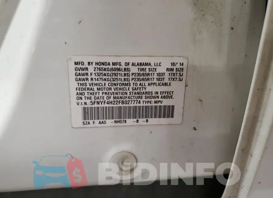 5FNYF4H22FB027774 Photo# 14