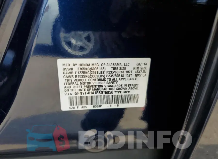 5FNYF4H41FB016850 Photo# 14