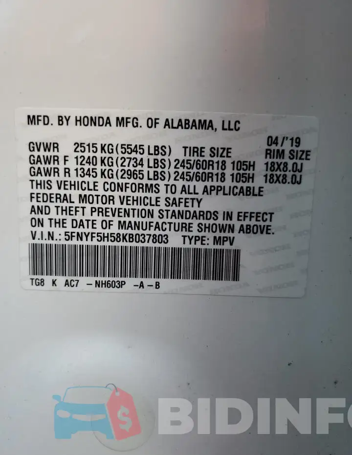 5FNYF5H58KB037803 Photo# 13