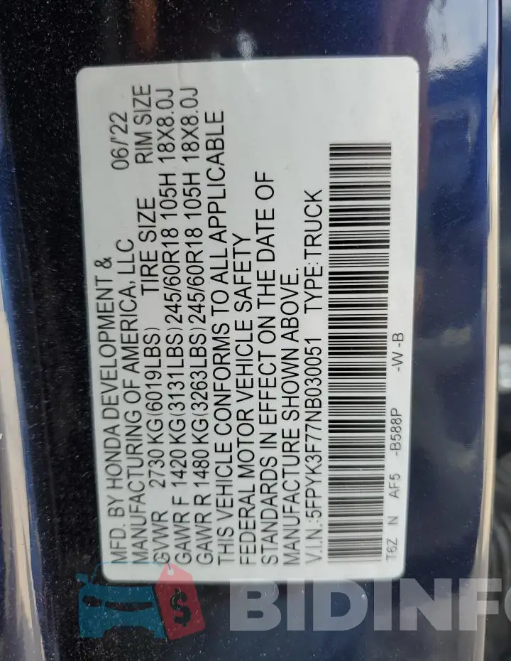5FPYK3F77NB030051 Photo# 13