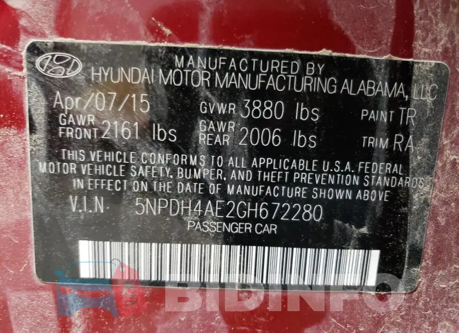5NPDH4AE2GH672280 Photo# 12