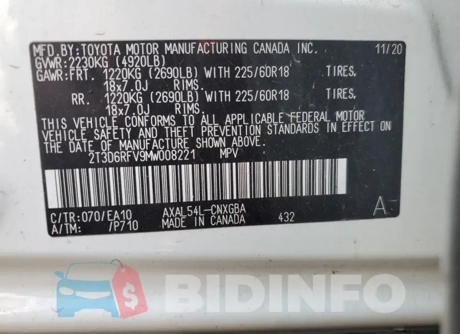 2T3D6RFV9MW008221 Photo# 13