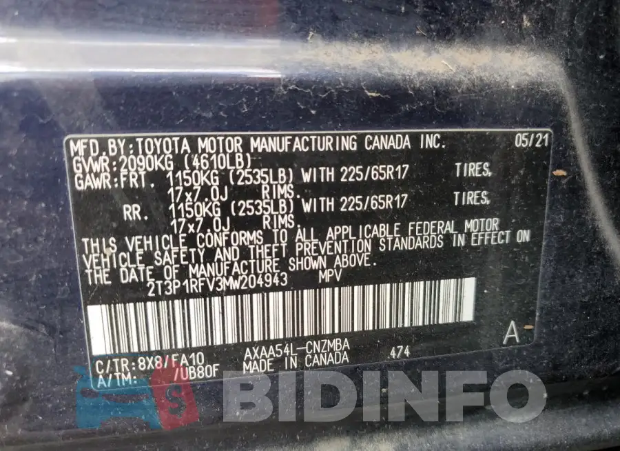 2T3P1RFV3MW204943 Photo# 13