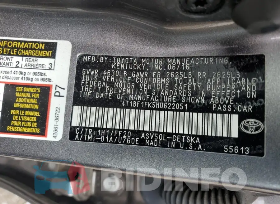 4T1BF1FK5HU622051 Photo# 12