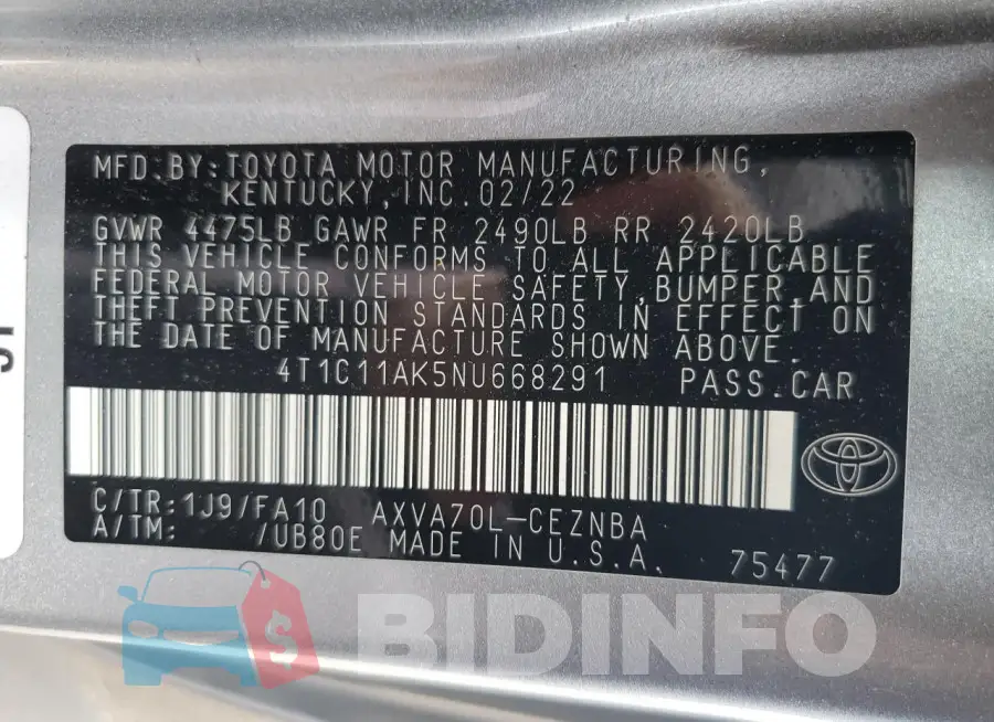 4T1C11AK5NU668291 Photo# 13
