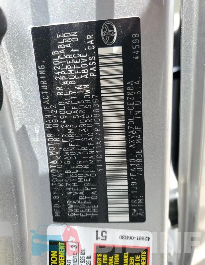 4T1C11AK7PU096367 Photo# 12