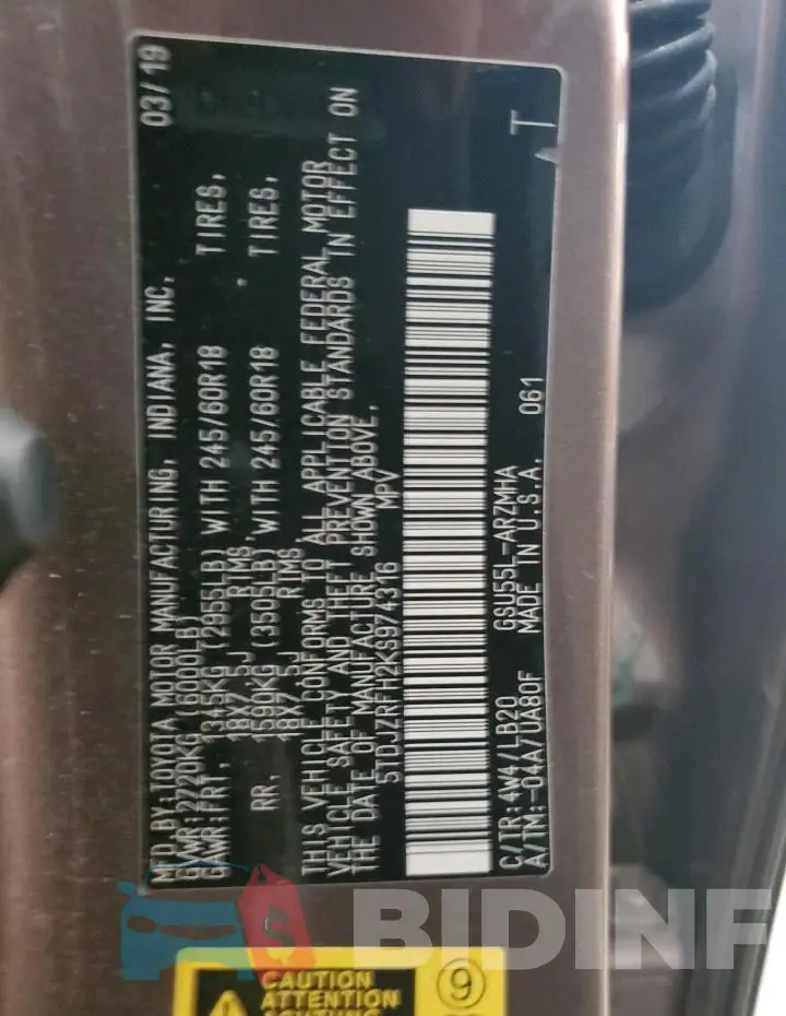 5TDJZRFH2KS974316 Photo# 14