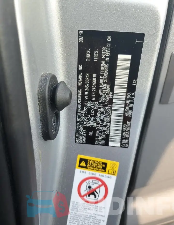 5TDZARFH8KS055673 Photo# 12