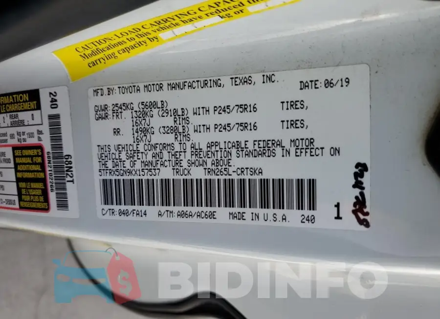 5TFRX5GN9KX157537 Photo# 12