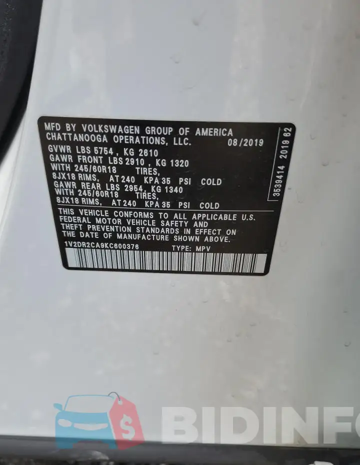 1V2DR2CA9KC600376 Photo# 14