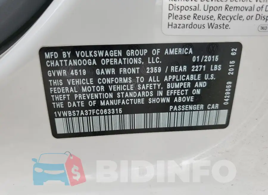 1VWBS7A37FC063315 Photo# 12