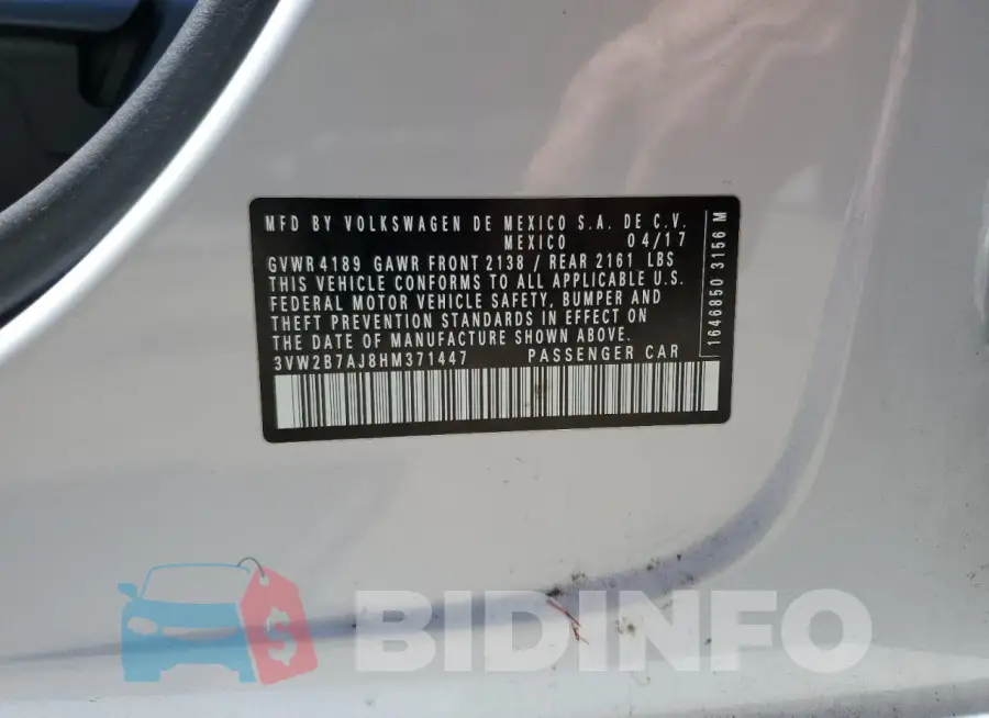 3VW2B7AJ8HM371447 Photo# 13