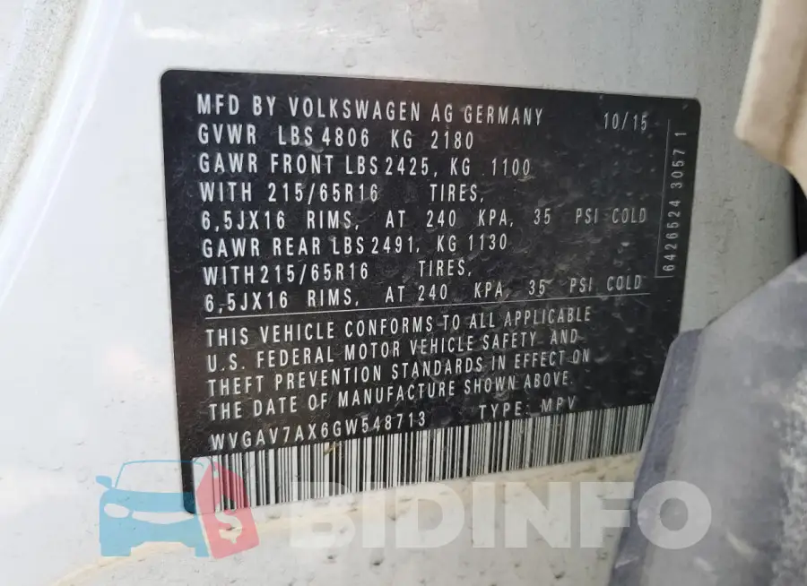 WVGAV7AX6GW548713 Photo# 13