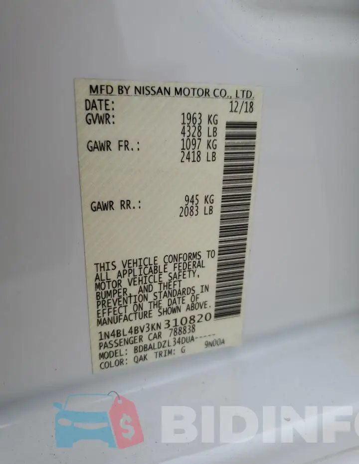 1N4BL4BV3KN310820 Photo# 12