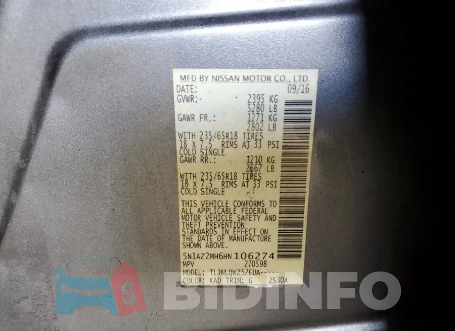 5N1AZ2MH6HN106274 Photo# 14