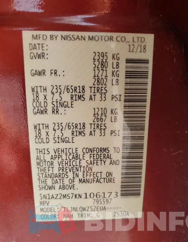 5N1AZ2MS7KN106173 Photo# 14