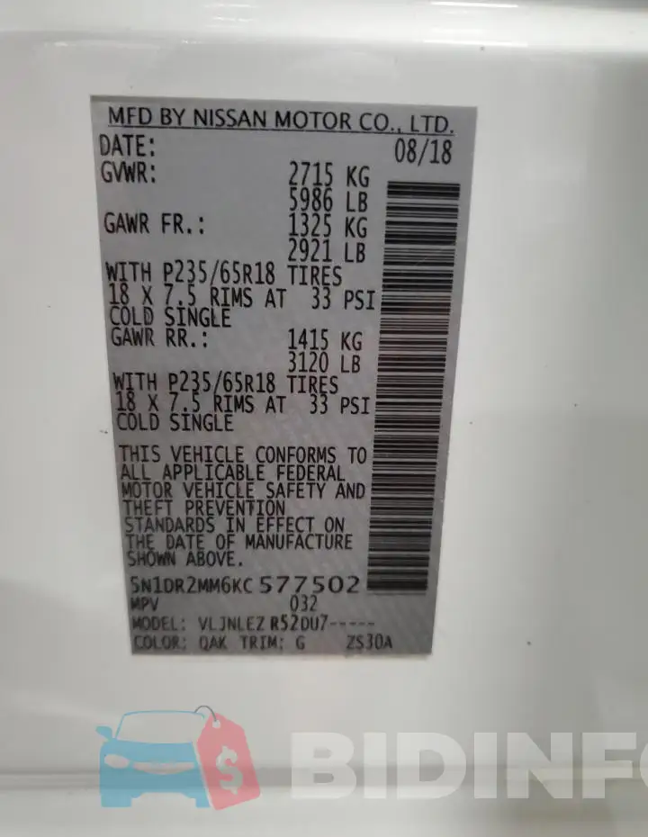 5N1DR2MM6KC577502 Photo# 13