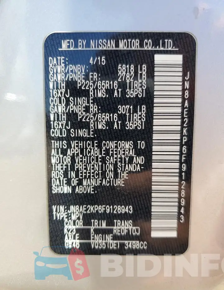JN8AE2KP6F9128943 Photo# 14