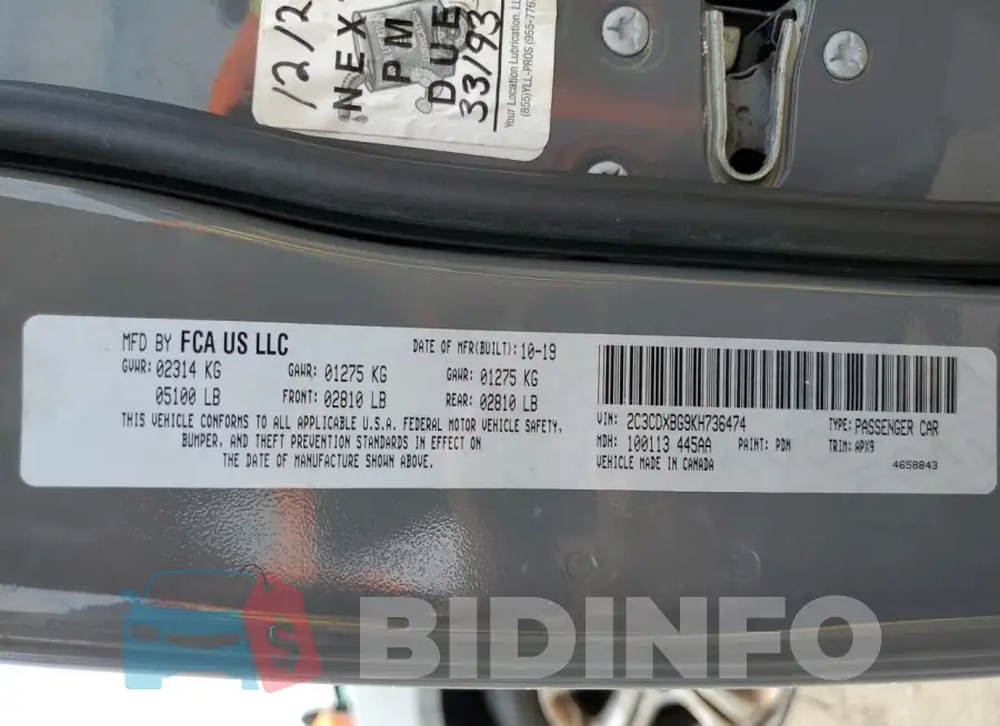 2C3CDXBG9KH736474 Photo# 12