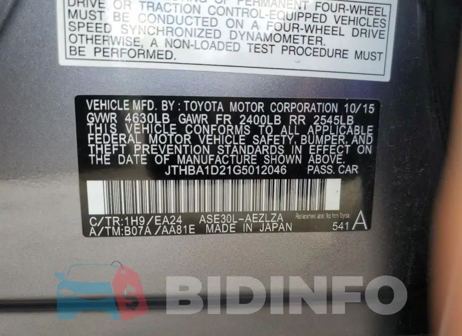 JTHBA1D21G5012046 Photo# 12