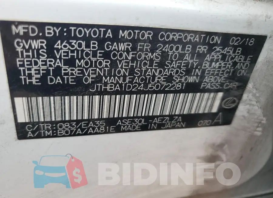 JTHBA1D24J5072281 Photo# 12