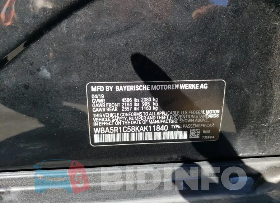 WBA5R1C58KAK11840 Photo# 12