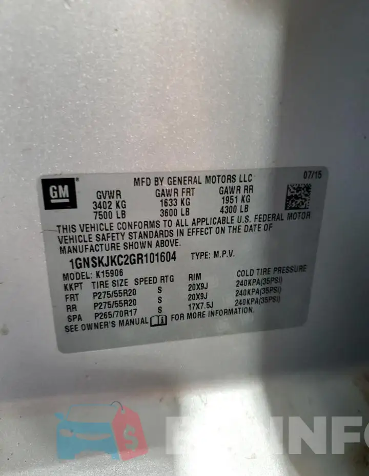 1GNSKJKC2GR101604 Photo# 13