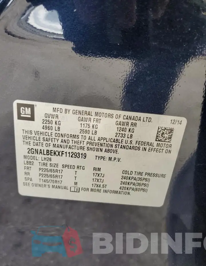 2GNALBEKXF1129319 Photo# 13