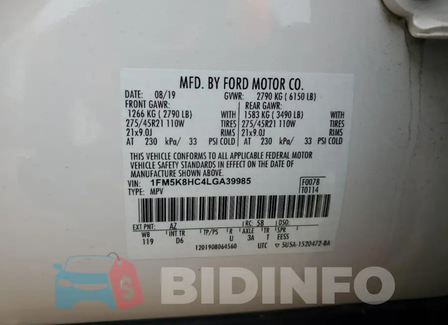 1FM5K8HC4LGA39985 Photo# 13