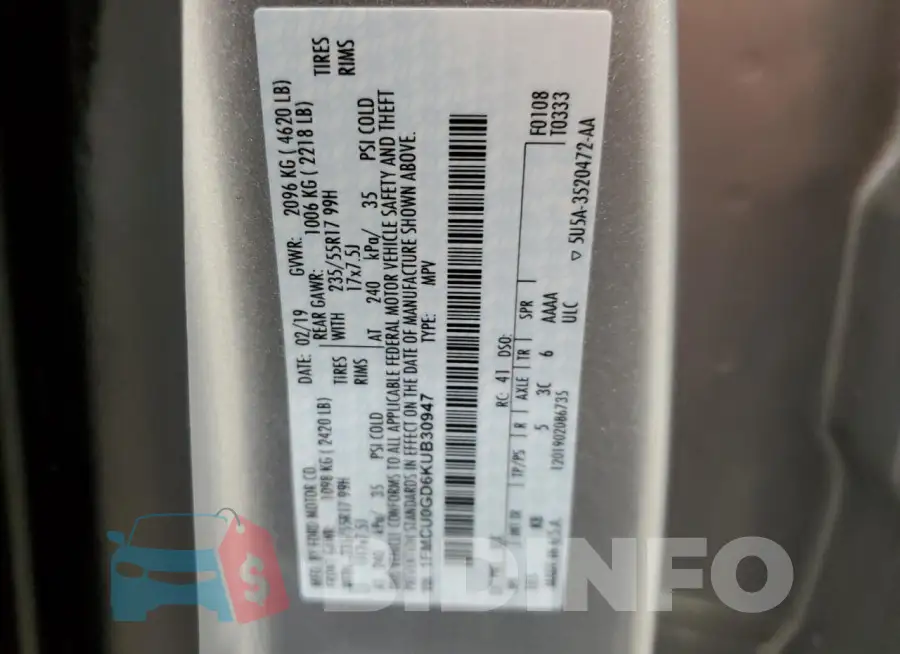 1FMCU0GD6KUB30947 Photo# 13