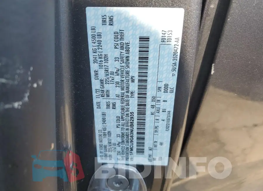 1FMCU9G63NUB82935 Photo# 12
