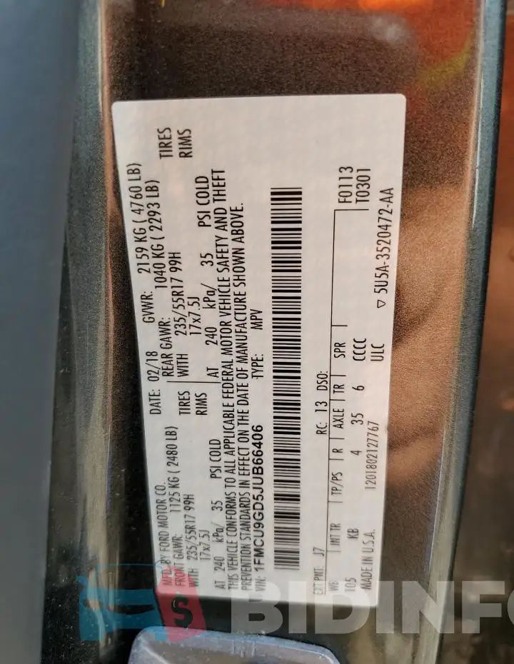 1FMCU9GD5JUB66406 Photo# 14