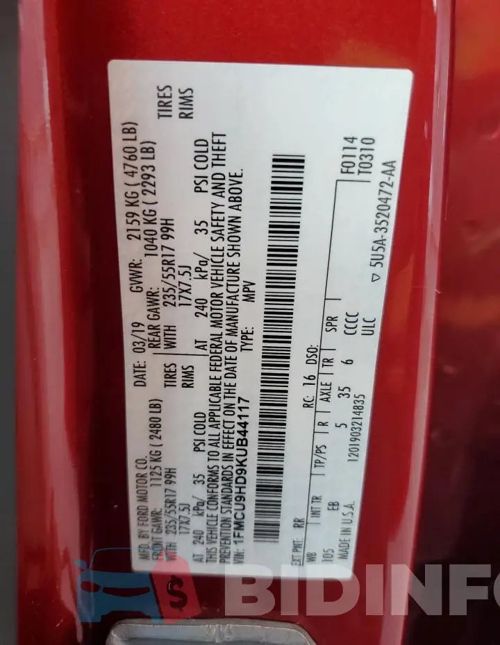 1FMCU9HD9KUB44117 Photo# 13