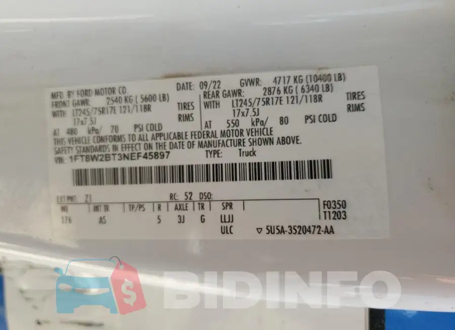 1FT8W2BT3NEF45897 Photo# 13